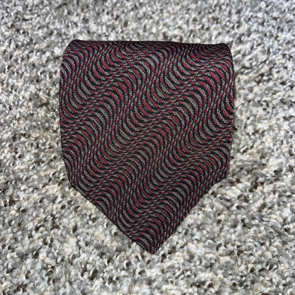 Vintage Donna Karan Signature Silk Tie Burgundy Black Wavy Geometric 90s USA